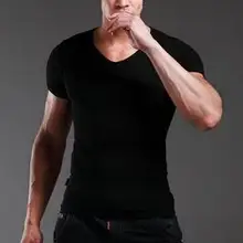 Мужская облегающая футболка с v-образным вырезом и короткими рукавами, футболка для фитнеса, Спортивная хлопковая футболка с коротким рукавом