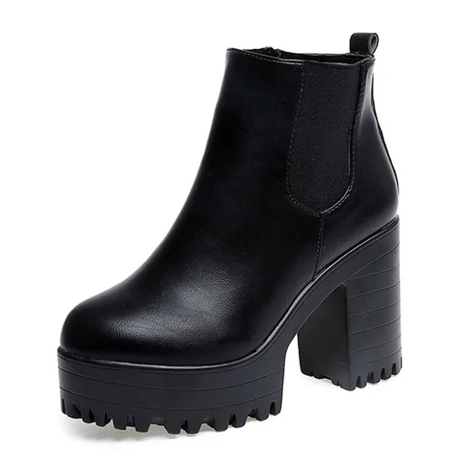 DIJIGIRLS/модные женские ботинки на квадратном каблуке и платформе; zapatos mujer; ботфорты из искусственной кожи; мотоботы; Лидер продаж - Цвет: Черный