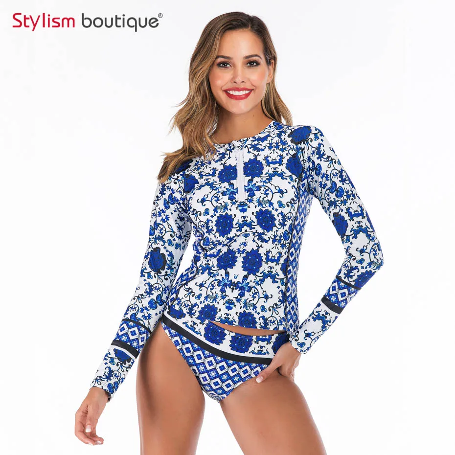 New Rashguard Padded Long Sleeve Swimsuit Surfing Rash Guard Women Two Piece Swimwear Separate Tankini Sport Bathing Suit