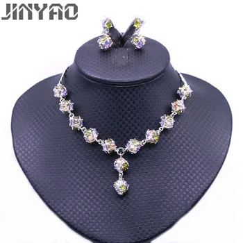 

JINYAO Luxury Bride Wedding Jewelry Set for Women White Gold Color Cube Multicolor Zircon Necklace Earrings Party indian jewelry