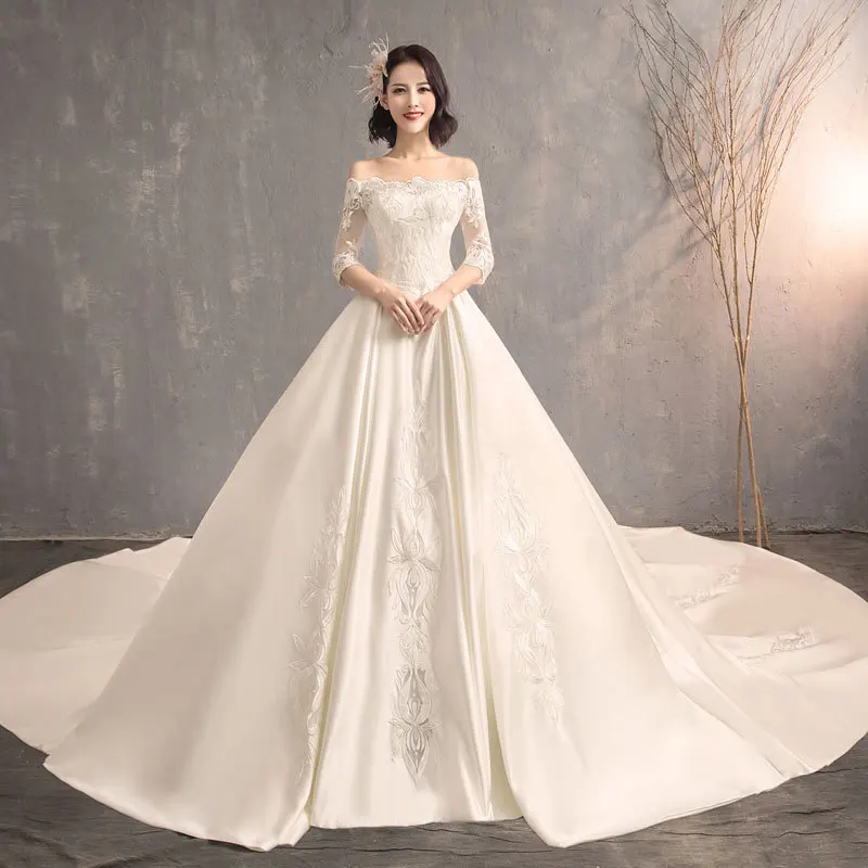 

Robe De Mariee Off The Shoulder 2019 New Wedding Dress Vintage Royal Train Ball Gown Sexy Lace 3/4 Sleeve Bridal Dresses