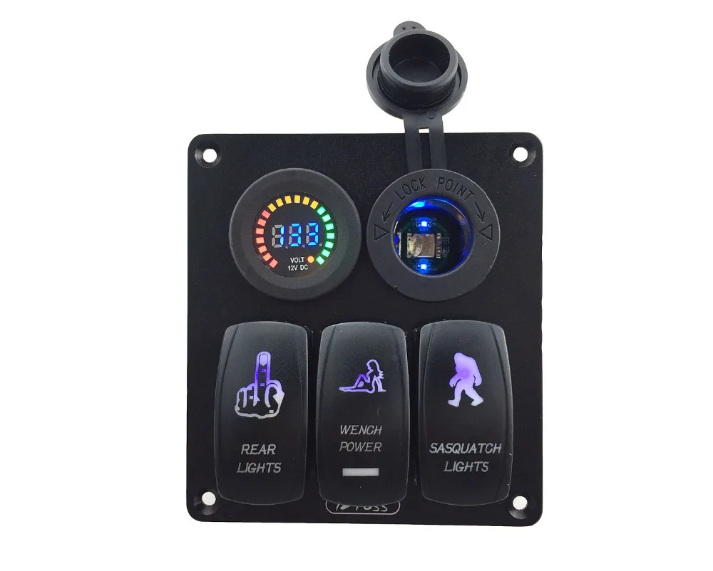 

Boat truck Aluminum material switch panel DC 12V-24V blue Power Charger Socket DC 12V voltmeter 3 Gang blue Rocker Switch Panel