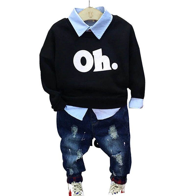 Spring Autumn boys 3 pcs set Baby sweatshirt + shirt ripped jeans kids suit children toddler letter print 2 to 7 yrs | Детская одежда и