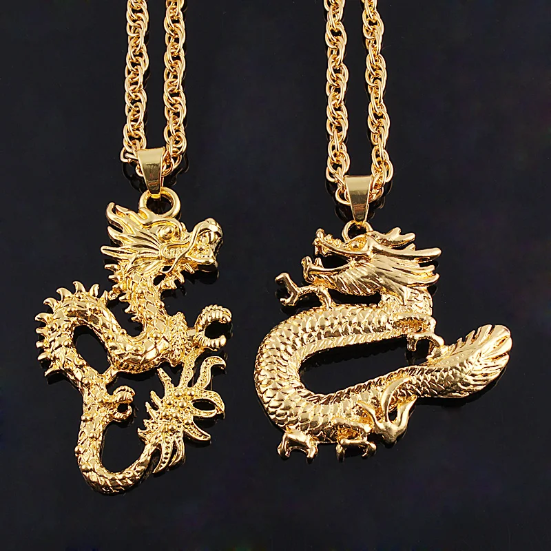 New Year Gift Gold Chinese Carved Dragon Lucky Pendant Necklaces For