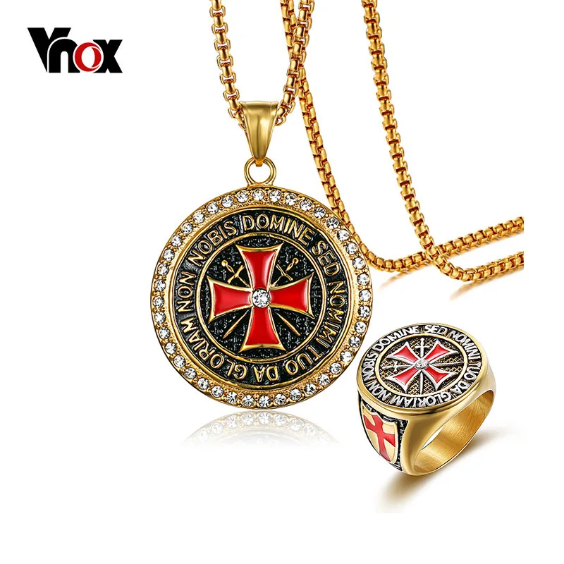 

Vnox Maltese Cross Jewelry Sets for Men Gold Color Stainless Steel Necklace and Ring Religious Jewelry Set