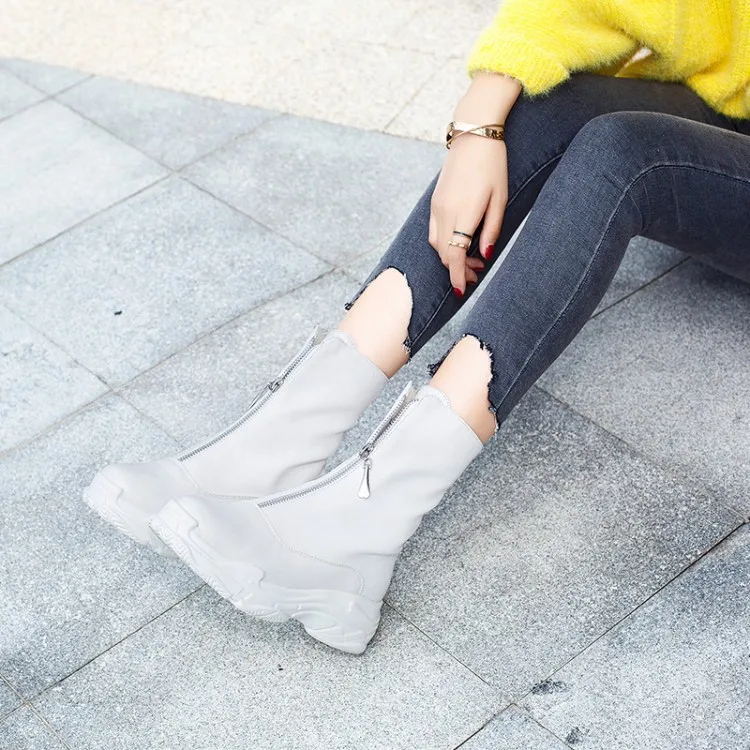 Для женщин сапоги осень-зима Обувь на среднем каблуке теплые из искусственной кожи на платформе на молнии модные ботинки до середины икры круглый носок г. пикантные сладкий белый черный Размеры 34–46