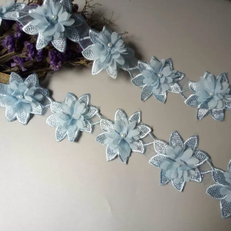 

Soluble Sky Blue Chiffon Pearl Flower Embroidered Lace Trim Fabric Lace Ribbon Handmade DIY Sewing Craft For Costume Decoration