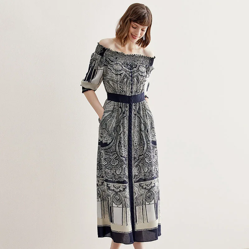 Dames Zijden Jurk 2019 Nieuwe Zomer Sexy Woord Kraag Stiksels Hoge Taille Slanke Afdrukken Lange Rok Stedelijke Modieuze Casual Jurk Dames Zijden Jurk 2019 Nieuwe Zomer Sexy Woord Kraag Stiksels Hoge Taille Slanke Afdrukken Lange Rok Stedelijke Modieuze Casual Jurk