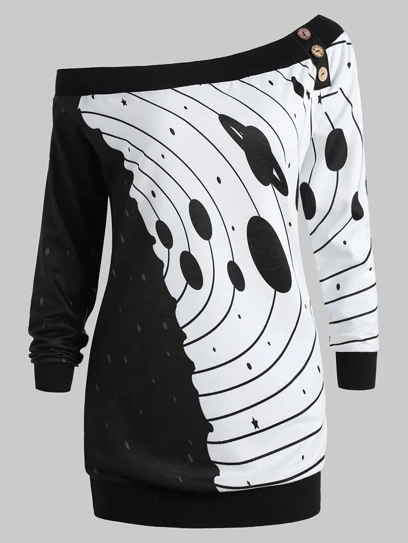 PlusMiss плюс Размеры 5XL-L черный, белый цвет с принтом пикантные перекос шеи длинные кофты женские большие размеры Демисезонный 2018 пуловер