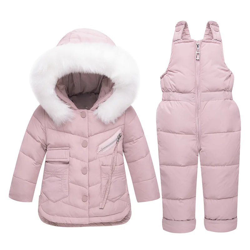 

2019 Winter Children's Clothing Sets Warm Baby Girl Boy Ski Suits Snowsuits Fur Hooded Girl's Down Jackets + Pants Jumpsuit 1-3T