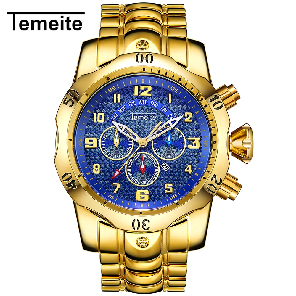 Бесплатная доставка Relogio Masculino Мужские кварцевые часы TEMEITE часы мужские роскошные золотые деловые мужские часы водонепроницаемые наручные