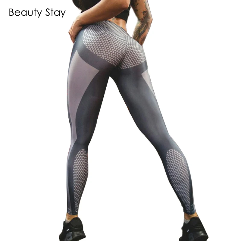 

Beauty Stay Women High Waist Leggings Sexy Hip Push Up Fashion Splicing Printing Bodybuilding Jeggings Casual Women Pants