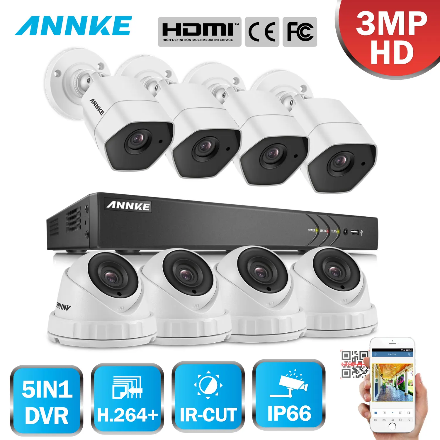 

ANNKE HD 3MP 8CH H.265 DVR Home CTV System 8pcs 3MP Smart IR Outdoor Weatherproof Security Camera Video Surveillance System Kit