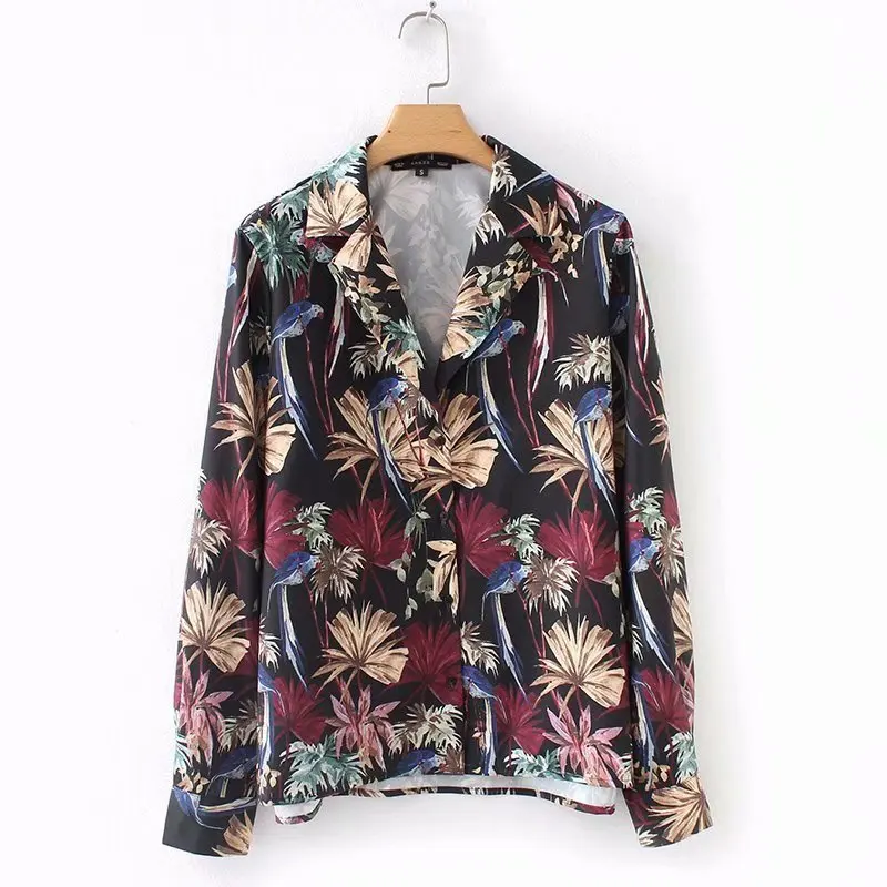 Manga Floral Tropical Mujeres Larga Impresión Camisa Blusa Solapa De UWOx6Yxw