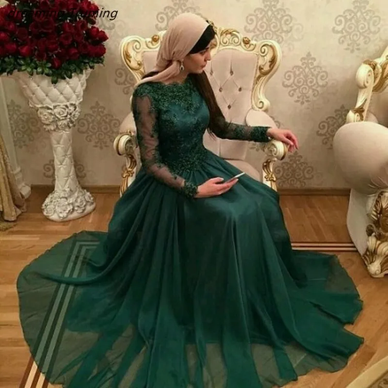 Arabic Muslim Prom Dress 2019 Emerald Green Turkish Lace Appliques A