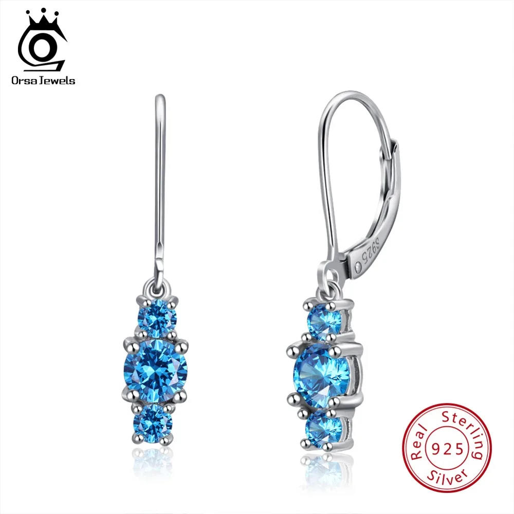 ORSA JEWELS Настоящее 925 Висячие серьги из серебра 925 пробы для женщин AAA синий кубический циркон Модные женские вечерние серьги SE70-L