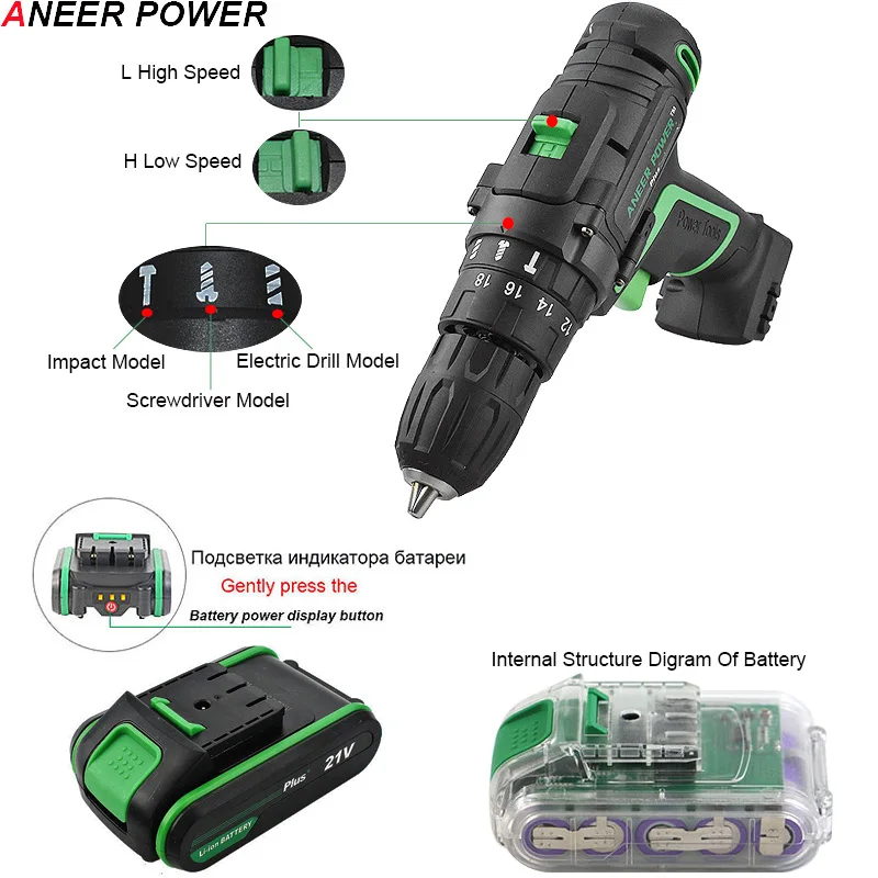 21V Double Speed Battery Impact Drill Electric Screwdriver Electric Hand Drill Home Diy Power Tools Cordless Hammer Drill+Gift