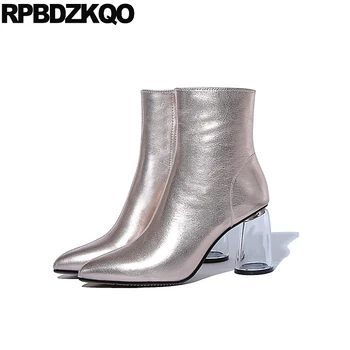 

chunky genuine leather fall luxury high heel pointed toe side zip boots shoes short ankle transparent female 2018 clear women