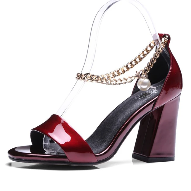 

(Wine red, silver)2017 Summer Women's Full Grain Leather High Heels sandals comfortable String Bead Sexy Fashion shoes for women