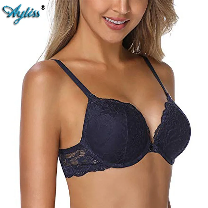 

Ayliss Free Shipping 1pc Dark Blue Women Push Up Floral Lace Padded Underwire Sexy Bra Demi Plunge Comfort 32A-38DD