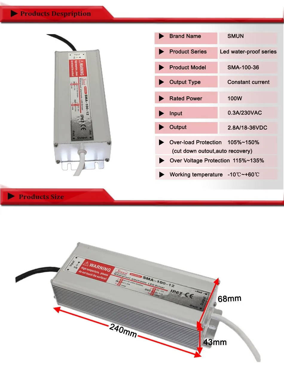 100W18-36v 3A постоянный ток водонепроницаемый IP67 светодиодный драйвер импульсный источник питания для светодиодный полосы света CE по ограничению на использование опасных материалов в производстве гарантия 1 год