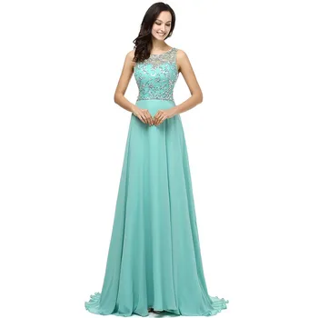 

Holievery Beaded Crystal Evening Dress with Open Back 2019 Scoop Neck Chiffon Long Prom Gowns Vestido De Festa