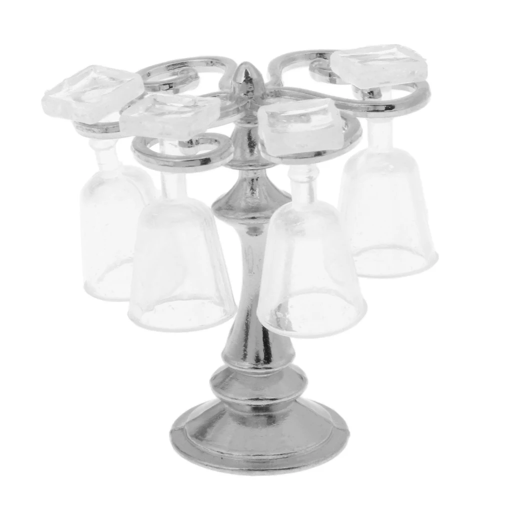 1/12 Dollhouse Miniature Bar Life Scenes Decor  - Silver Glass Wine Cup Holder & 4 Pieces Goblet Kits Kids Pretend Play Toy