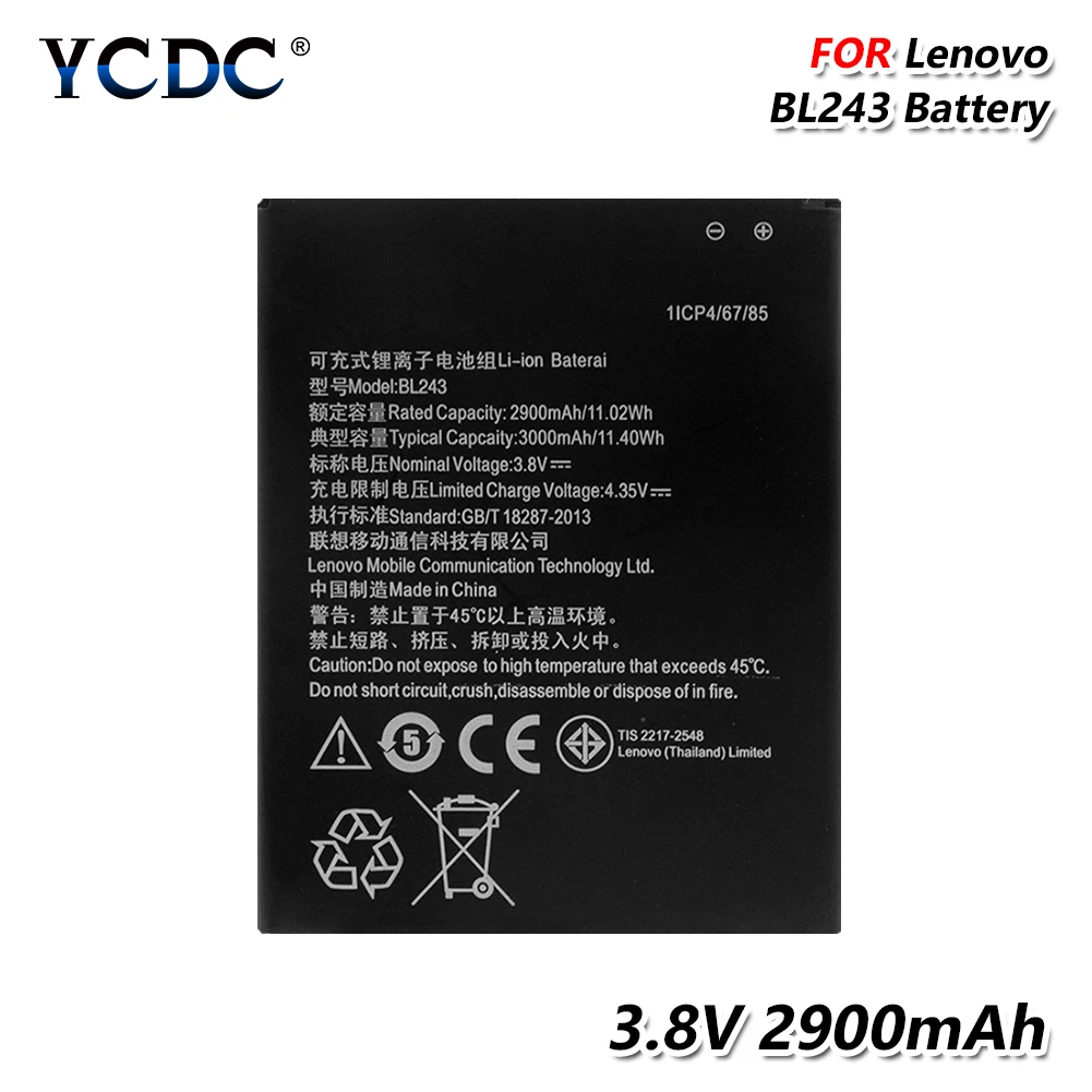 YCDC 3,8 V 2900 мА/ч, Перезаряжаемые литий BL 243 Батарея BL243 BL-243 для lenovo K3 Примечание K50-T5 K50-T3S A7000 A7600 A5600