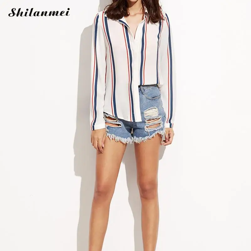 Verano manga larga blusa mujer camisa Oficina desgaste Tops Casual Vertical Striped impresión sencilla camisa Blusas Femininas Ropa Verano manga larga blusa mujer camisa Oficina desgaste Tops Casual Vertical Striped impresión sencilla camisa Blusas Femininas Ropa