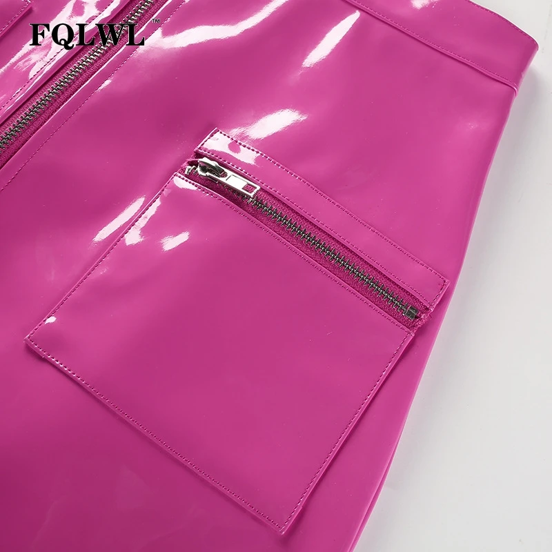 FQLWL, розовая, на молнии, с карманом, ПВХ, из искусственной кожи, сексуальная юбка, для женщин, высокая талия, обтягивающие шорты, мини-юбки, женские, Клубные, летние, юбки-карандаш