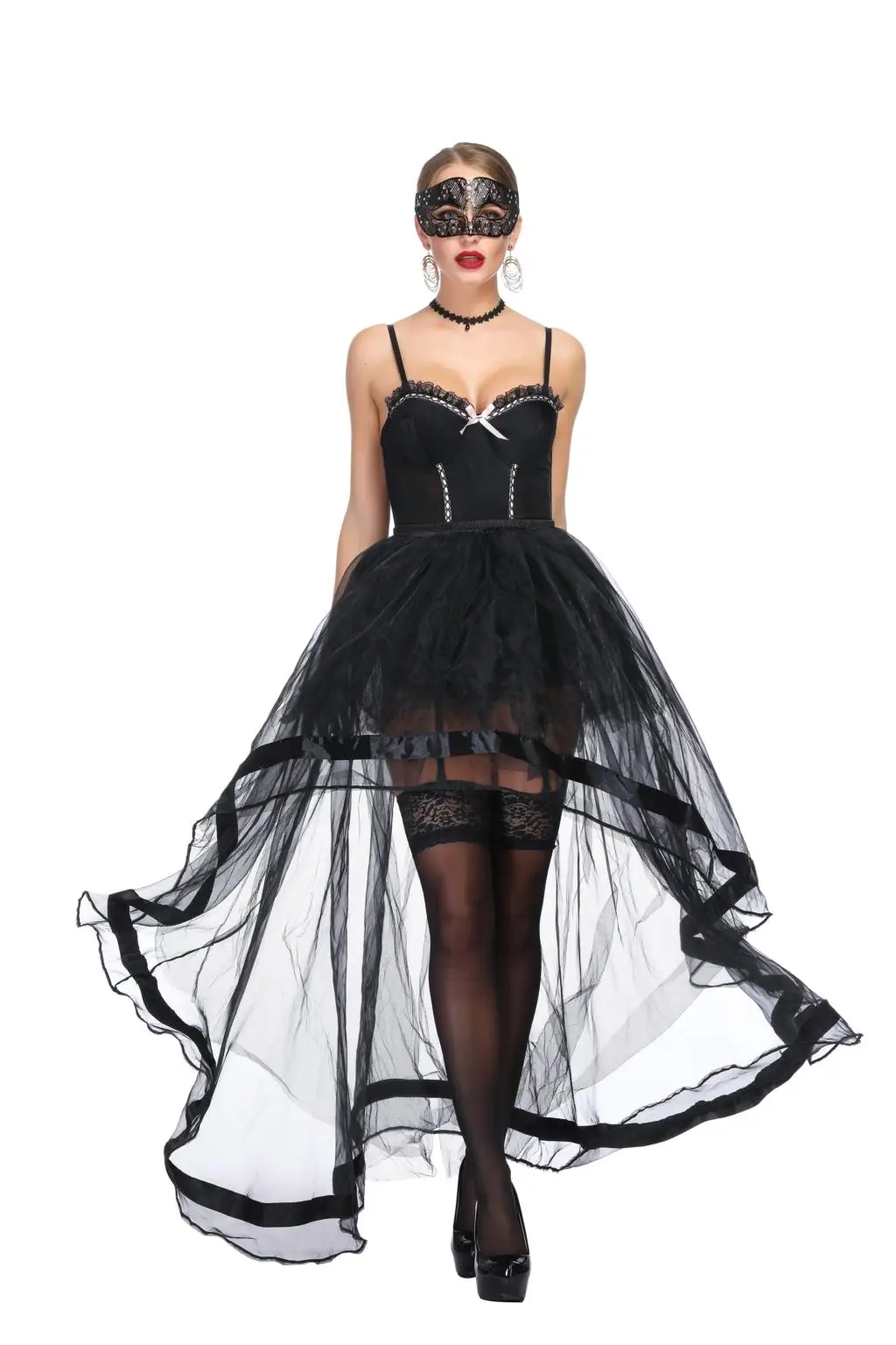 

Women's Sexy Black Sheer Mesh Floral Lace Plastic Bone Bustier Corset with Organza High Low Skirt Set