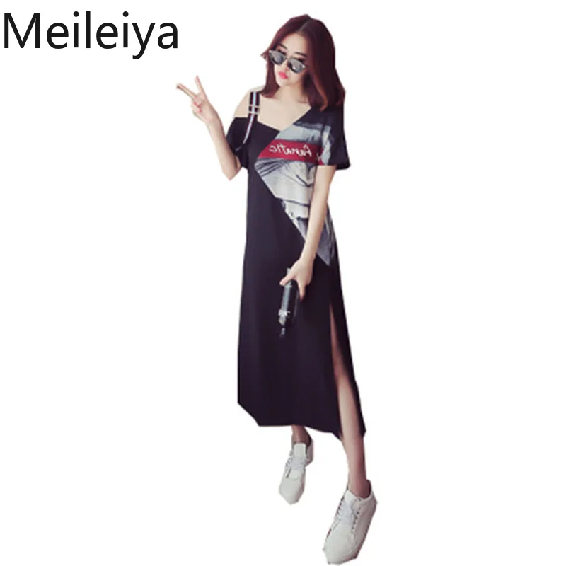 

Women's Print Cartoon Dress 2019 New Sling Strapless Irregular Split Short Sleeve Dress Women's Fashion Dress