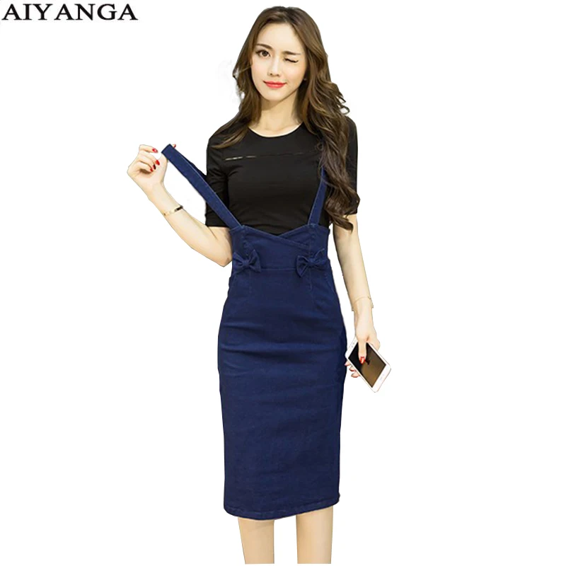 

Women's Skirt Strap Cross Long Denim Pencil Skirts Women 2018 Female Spring Summer Bow Slim Hips faldas boho Skirt Overalls