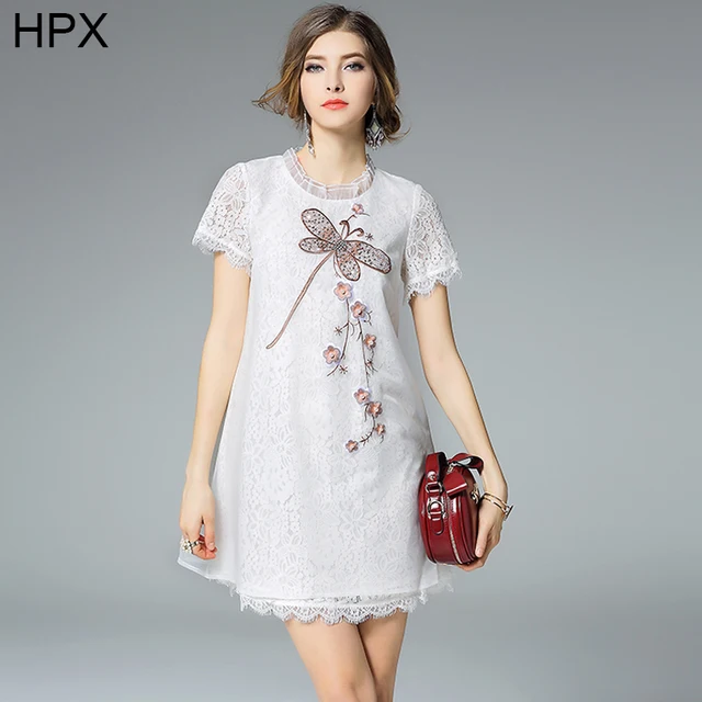Women White Organza And Lace Dragonfly Embroidery Beaded Casual Women White Organza And Lace Dragonfly Embroidery Beaded Casual Fashion Dress 2016 Summer New Las High