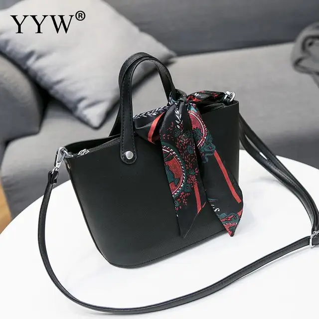 Female Black Tote Ribbons Bag Women'S Pu Leather Handbags Black