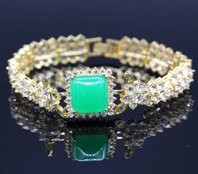 Благородный квадратный зеленый камень и Циркон Кристалл цвет шампанского Золотой браслеты для женщин D08-1