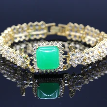 Благородный квадратный зеленый камень и Циркон Кристалл цвет шампанского Золотой браслеты для женщин D08-1