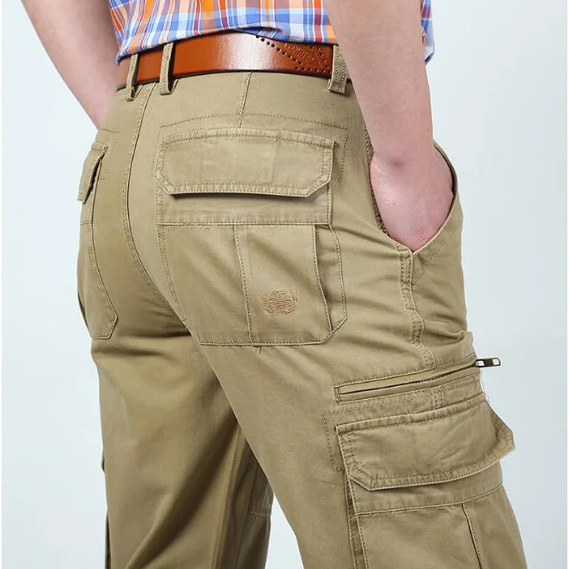 

ZHEN DI JI PU Men's Cargo Pants New Designer Solid Straight Trousers Multi-pockets Cargo Pants pantalon homme No Belt