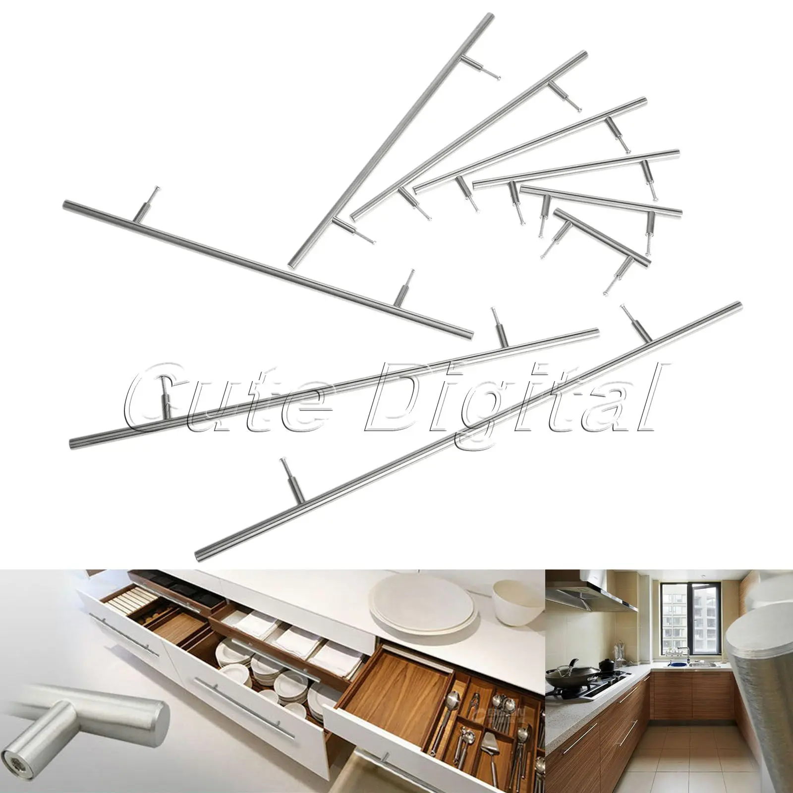 10mm Stainless Steel T Bar Kitchen Handles Cabinet Knobs and Handles for Furniture Drawer Cupboard Handle Hole Center 64mm~320mm