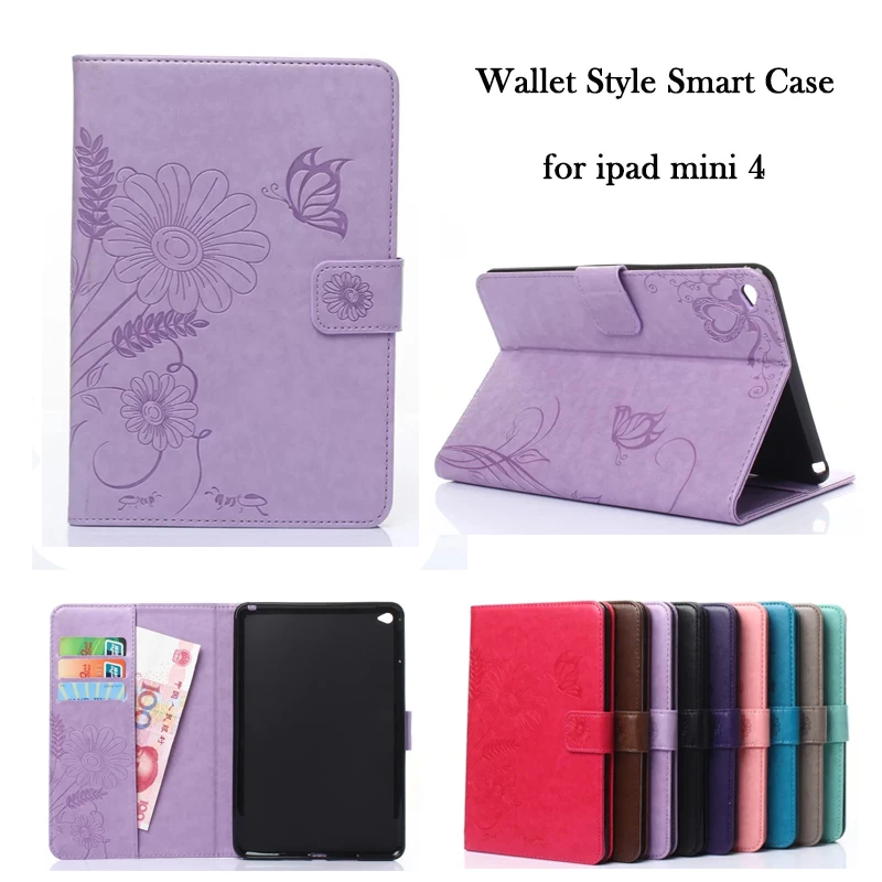 

7.9 inch for ipad mini 4 Smart PU Leather Tablet Case Cover Butterfly Flower Wallet Flip Stand TPU Sleeve Magnet wake up sleep