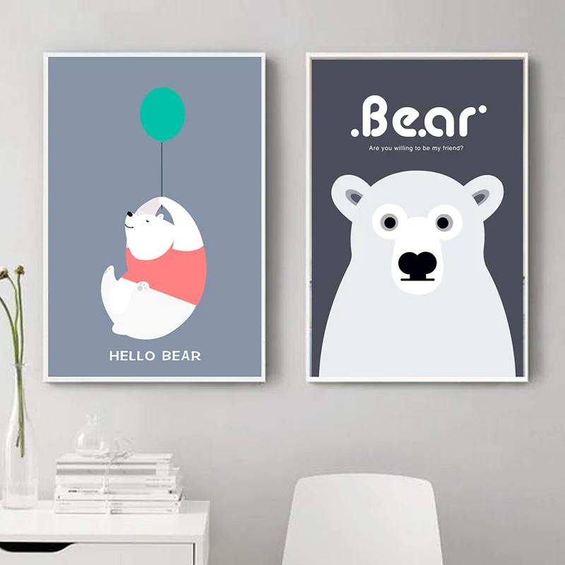 

Nursery Wall Art Canvas Painting Bear Cartoon Posters and Prints Nordic Cute Animals Kids Bedroom Decoration Pictures Unframed