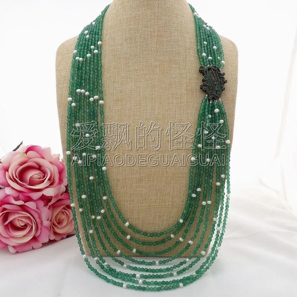 N100201 30 &quot8 нитей зеленый оникс белый жемчужный ожерелье CZ подвеска|pearl necklace|white pearl