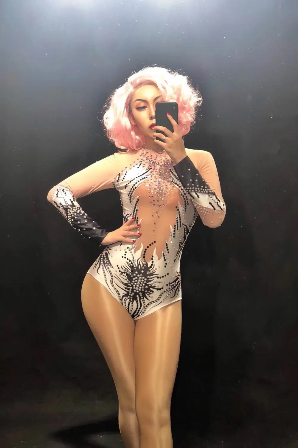 

Leotard Female Sexy Long Sleeve Breathable Net Yarn Bodysuit Sparkling Crystals 3D Printed Nightclub Party Dancer Singer Stage