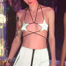 Женский кожаный светоотражающий сексуальный бюстгальтер без косточек со звездами, укороченный топ, бюстье, для ночного клуба, готика, летние топы, рубашка, Feminina