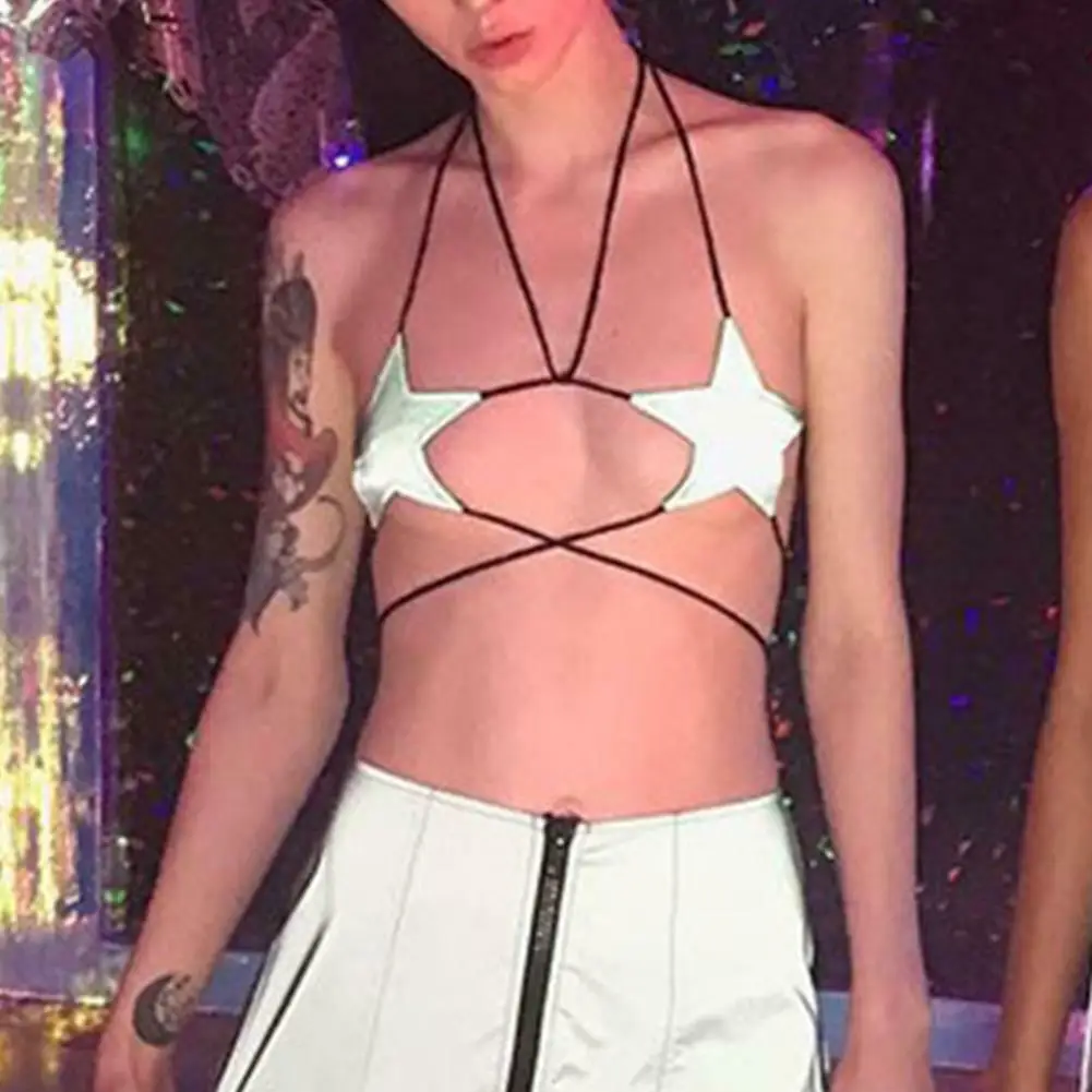 

Women Leather Reflective Sexy Star Bralette Bralet Bra Crop Top Bustier Night Club Gothic Summer Tops Shirt Feminina