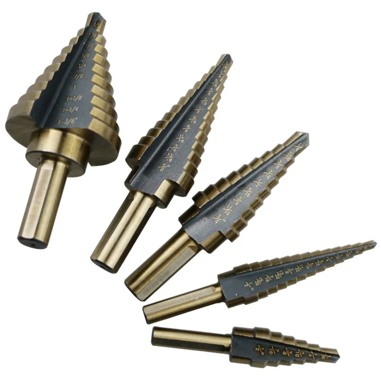 HSS Step Drill Bit Cobalt Alloy Titanium Coat Bits Triangular Round Shank Metal Multiple Inch Drilling Set Hole Cutter 5in1 Case HSS Step Drill Bit Cobalt Alloy Titanium Coat Bits Triangular Round Shank Metal Multiple Inch Drilling Set Hole Cutter 5in1 Case