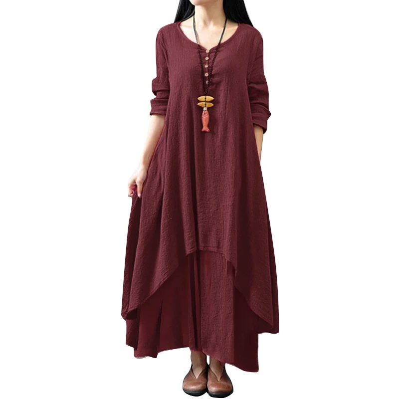 Anself модное женское повседневное свободное платье однотонное осеннее платье с длинными рукавами больших размеров женские платья большого размера Boho Длинное Макси платье