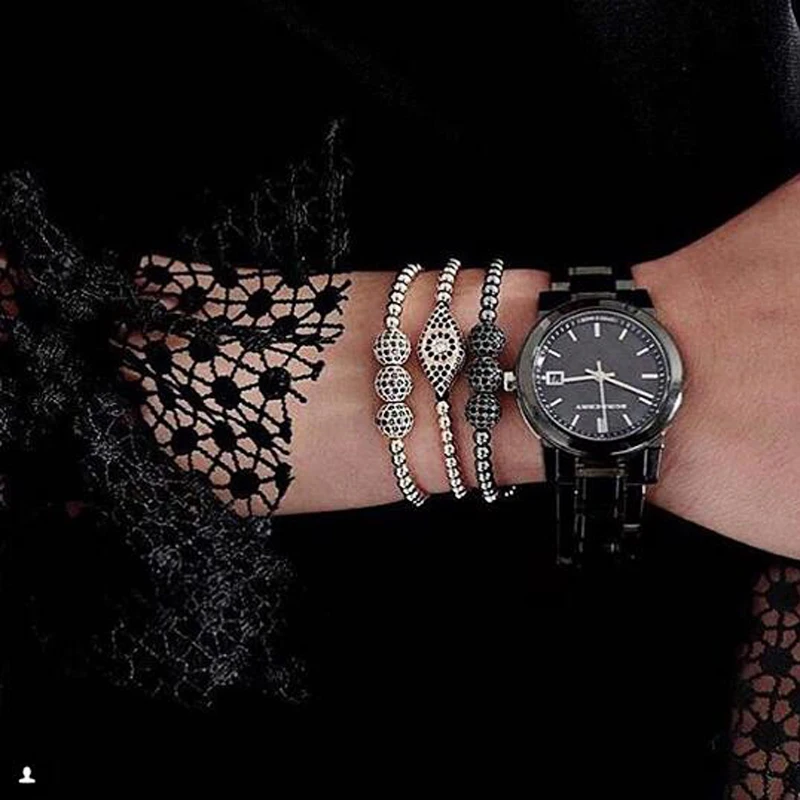 Mcllroy Fashion Style Pave Eye Connector & 4MM Round Beads Bracelets & Bangles Braided Macrame Men Bracelets Jewelry