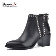 Donna-à new styles simples cheville bottes pointu talon carré en cuir de vache femmes de bottes courtes