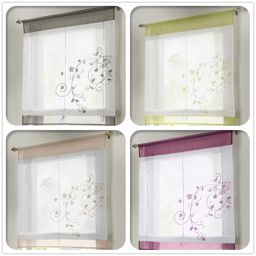 

80X100CM Long Vine Flower Ribbon Roman Curtain Embroidery Translucent Tulle Screen Roman Blinds Short Shade Pastoral Curtain
